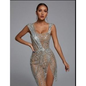 Bella Barnett Sedaya Glitter Mesh Mini Dress - Silver Medium